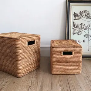 Cesta de rattan alta qualidade com alças, cesta quadrada empilhável de vidro, cesta retangular de armazenamento com tampa