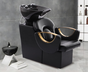Sillón de Peluquería Contemporáneo Negro, Silla de Lavado de Cabello con Cuero PU y Lavabo de Acero Inoxidable, Muebles Comerciales - Product Image 2