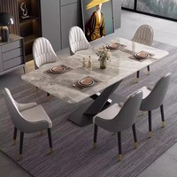 Ensemble de table à manger en dalle de roche blanche avec 6 chaises, banquet, mariage, famille, salon, style moderne en acier inoxydable, meubles