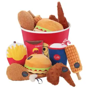 Fried Chicken Burger Family Bucket Interactive Dog Chew Plush Squeak Pet Dog Toy Set