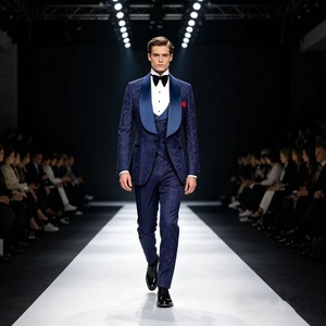 Costume de smoking 3 pièces de luxe bleu marine en satin jacquard avec revers châle pour <span class=keywords><strong>homme</strong></span>, idéal pour marié, mariage, soirée formelle, bal de promo et fête - Product Image 1