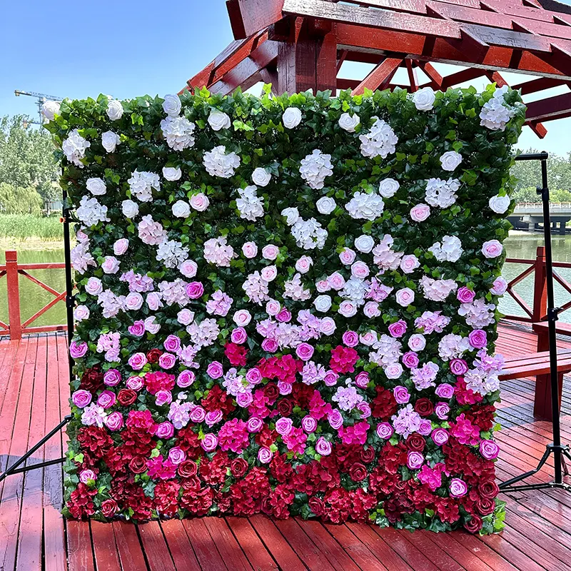 MYFW High-quality Customized 5D 3D Flower wall backdrop silk artificial decorative flower wall Pink Wedding Rose Wall Penels