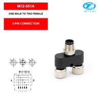 M12-M05 2xF05A Konektor Y Splitter Male ke Dua Female Adaptor Sensor Pin Tembaga Berlapis Emas IP67 4A Daya Microwave