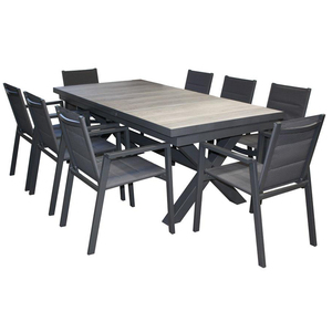 Nhà Hàng Đồ Nội Thất Sân Vườn Nối Rộng 9PC Nhôm Stackable Ngoài Trời Ăn Đặt Patio Ghế Và Tự Động Mở Rộng Gốm Bảng - Product Image 1