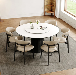 Set Tavolo e Sedie da Pranzo Minimalista <span class=keywords><strong>in</strong></span> <span class=keywords><strong>Legno</strong></span> Massello e Marmo, Convertibile ed Ecologico, con Finitura Crema e <span class=keywords><strong>Piano</strong></span> Rotondo per Casa e Hotel - Product Image 2