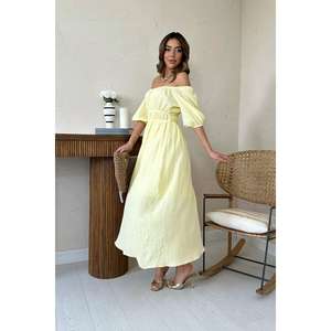 Wholesale One Size Yellow Collar Gathered Muslin <b>Linen</b> <b>Dress</b> High Quality Casual Tweed Empire Waistline Ruffles Sweet <b>for</b> Day - Product Image 4