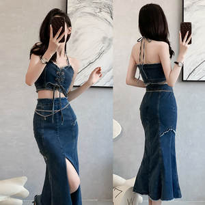 فستان جينز مخصص من قطعتين، توب قصير برقبة على شكل V مع أربطة وتنورة طويلة مشقوقة، ملابس كاجوال مثيرة للنساء - Product Image 2