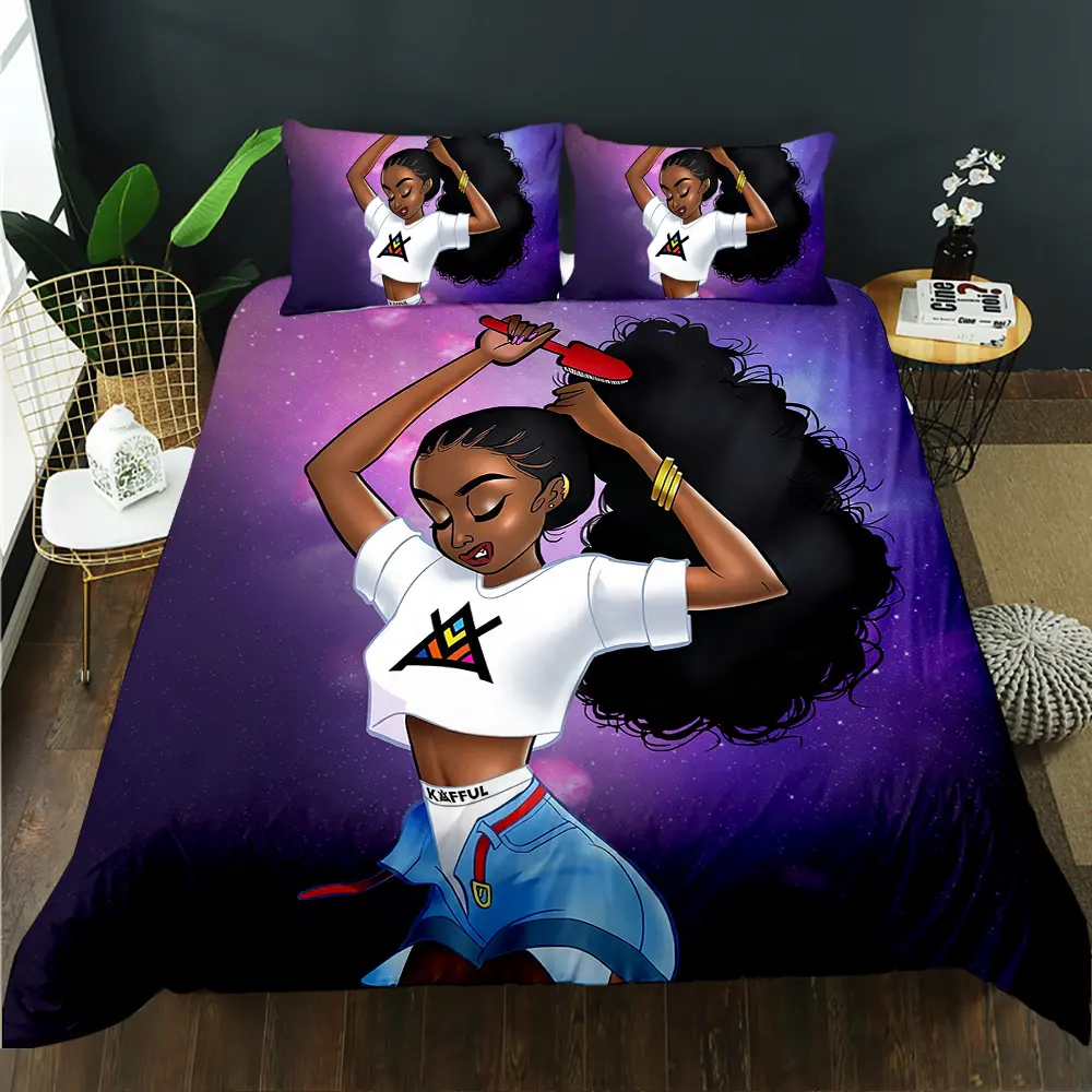 3D purple starry sky girls' quilt cover bedding customizable name black girls' quilt sheet set