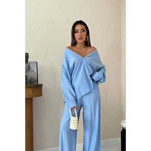 Ensemble décontracté 2 pièces pour femme : chemise bleue à col asymétrique et pantalon large – Tenue de pantalon de costume en gros - Product Image 2