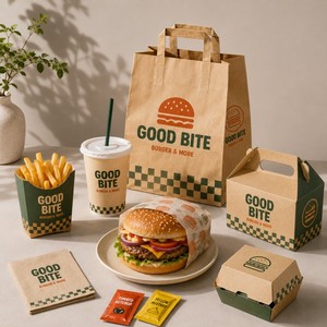 Ensemble d'emballages alimentaires biodégradables écologiques personnalisés, sacs en papier kraft et boîtes à salade pour la <span class=keywords><strong>livraison</strong></span> de repas verts dans les restaurants - Product Image 5