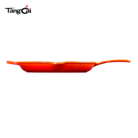 Wajan Besi Cor Enamel Oranye Tahan Panas Dengan Gagang Samping dan Corong Penampung Minyak, Anti Lengket, Tahan Abrasi, Peralatan Memasak