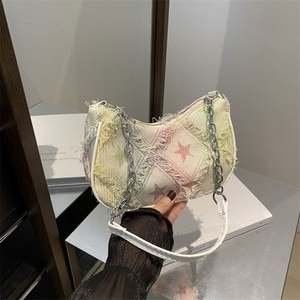 Sacs à bandoulière en jean décontractés pour femmes, sacs à main polyvalents à la mode pour filles branchées, sacs de téléphone sous le bras à motif écossais avec pompon - Product Image 5