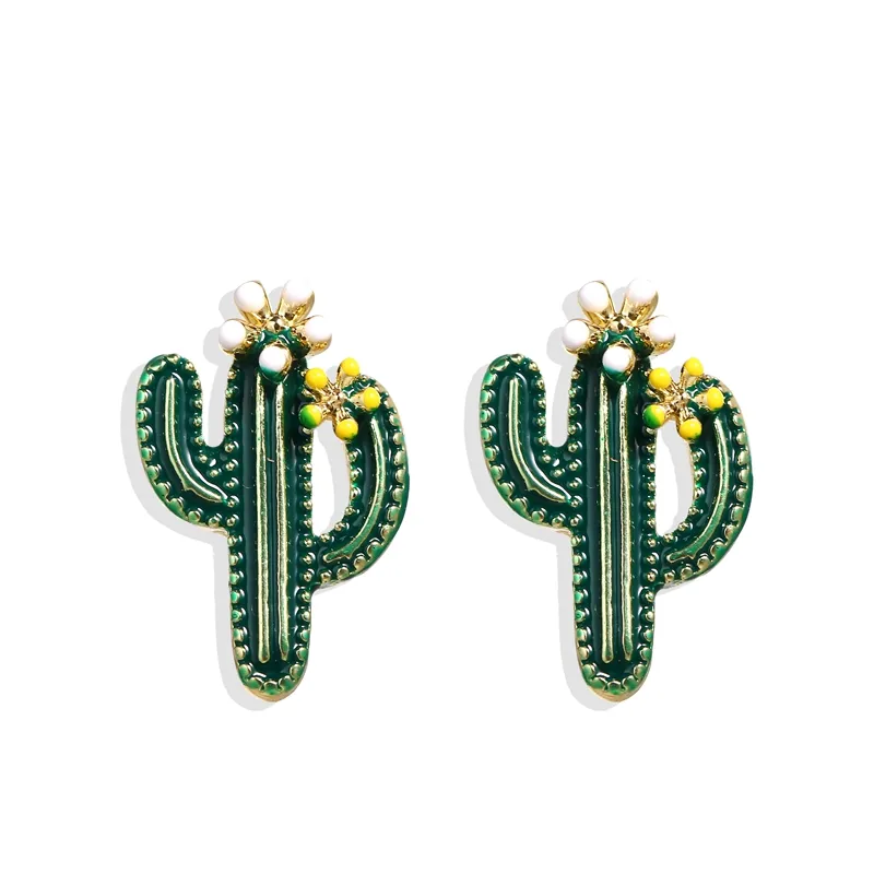 Ready to Ship Cute Tiny Green Dripping Oil Cactus Stud Earrings for Girls Fashion 2020