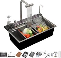 Évier de cuisine moderne à cuve unique en acier inoxydable gris foncé, écologique, avec affichage de la température Nano Step et touches piano