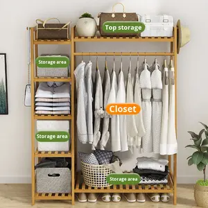 Porte-vêtements en bambou moderne multifonctionnel sur pied, simple, épaissi, pour chambre à coucher, porte-manteau, séchage, rangement - Product Image 4