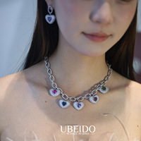 Parure de bijoux de luxe en zircone colorée avec pendentif cœur bombé, collier à maillons épais, bracelet et boucles d'oreilles, style pavé, pour mariage