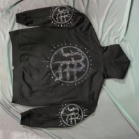 Sweat-shirt à capuche zippé oversize avec motif soleil en strass thermocollés, streetwear décontracté noir à manches longues