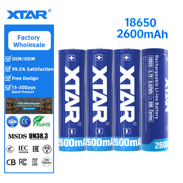 Xtar Original Customized Factory Price Pile 3.7V Button Top Grade a Cylindrical Lithium Ion 18650 2600mAH Rechargeable Battery