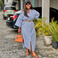 Nouvelle Robe Cardigan Rayée Décontractée Africaine Grande Taille pour Femme à Manches Trois-Quarts et Col Chemise – Tendance