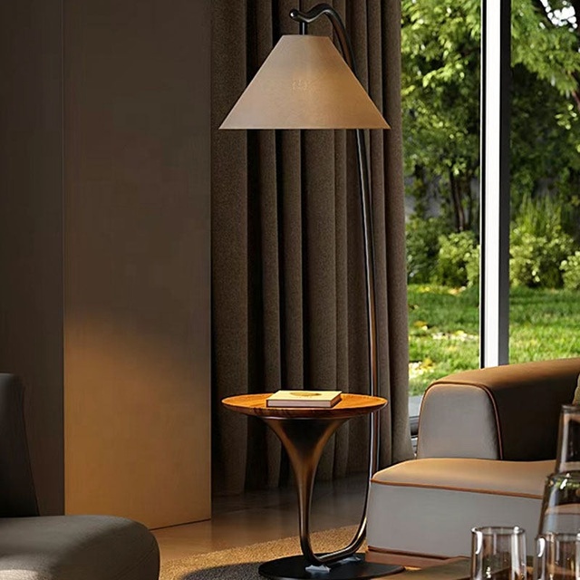 Modern Luxury Bedroom Bedside Floor Lamp Fabric Shade Metal Standing Floor Lamp with Table for Living Room Hotel Use
