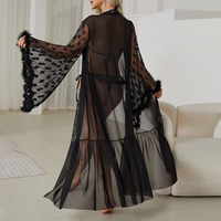 Robe de Nuit Transparente en Satin et Dentelle Sexy, Peignoir Long de Luxe pour Femme avec Col en V Profond et Fermeture à Cordon – Vente en Gros