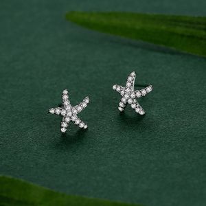 Pendientes de estrella de mar de plata de ley S925 con circonita de corte redondo, versión de cobre personalizable, exclusivos para mujer. - Product Image 2