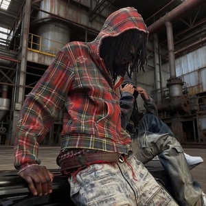 Sudadera con capucha de algodón tipo waffle de alta calidad, efecto desgastado por el sol, con cremallera, gruesa, con estampado a cuadros, para hombre, personalizada, de corte oversize - Product Image 3