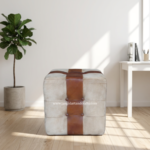 Pouf ottoman moderne en cuir souple fait main, toile et tissus d'ameublement, avec un design antique, meubles de luxe pour la maison en provenance du Rajasthan - Product Image 2