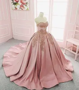 Luxury Sleeveless Gold Lace Appliques Ball Gown Pink Wedding Dess With Long Tail