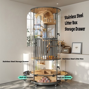 Panoramisch transparante glazen draaibare cilindrische houten kattenvilla moderne luxe binnenkattenkooi met geïntegreerde kattenbak - Product Image 4