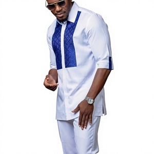 Ensemble 2 pièces pour homme, chemise à manches longues à col rond en polyester brodé style Dashiki ethnique africain, tailles S-3XL, avec pantalon à nouer - Product Image 3
