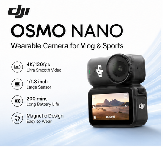 New Osmo Nano 4K Mini Action Camera Wearable Vlog Camera 1/1.3" Sensor Magnetic Mount WiFi6 Portable Sports Camera