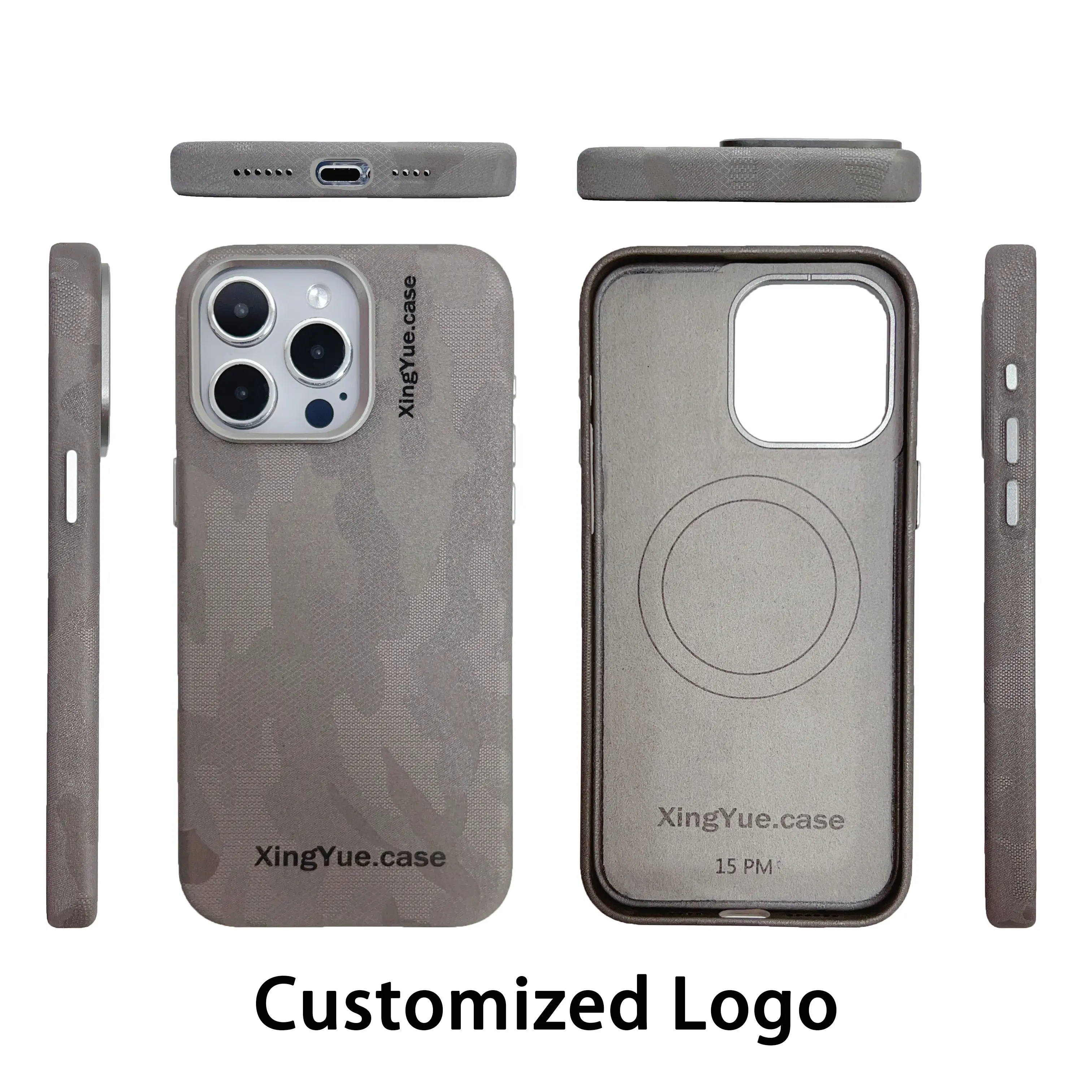 Anillo magnético interior Funda de teléfono de cuero de lujo Patrón de camuflaje PU Logotipo personalizado Funda de teléfono para iPhone 15 14 Pro Max