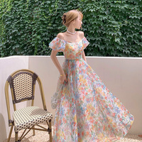 Robe longue d'été pour femme, asymétrique à une épaule, manches bouffantes, motif floral, taille à nouer, respirante, cache-maillot de plage, coupe trapèze, en polyester/coton