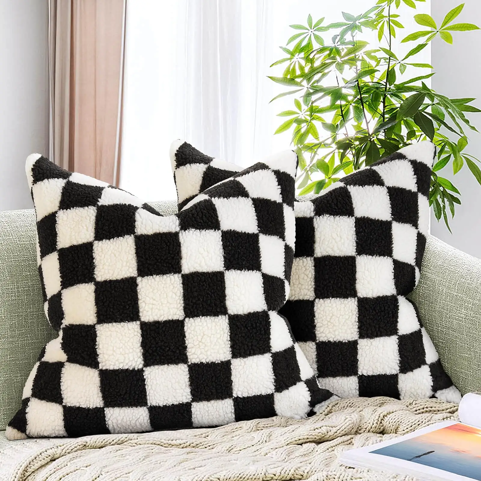 Checkerboard dekorative Überwurf-Kissenbezüge niedliche flauschige Platte Limbuskissenetui Kunstpelz-Wolle-Kissenbezüge für Couch-Sofa-Bett