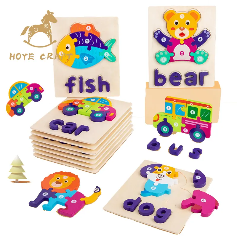 HOYE CRAFT CPC CE Certificate Children Animal Cartoon Wooden Puzzle Toys Number Puzzle Block Shape Cognition Game For Kids