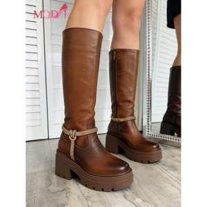 Botas Altas de Mujer Mod, Color Marrón, Cuero Sintético, Cierre de Cremallera, Tachuelas, Tacón Grueso, Antideslizantes, para Otoño, Invierno, Oficina, Uso Diario - Product Image 5