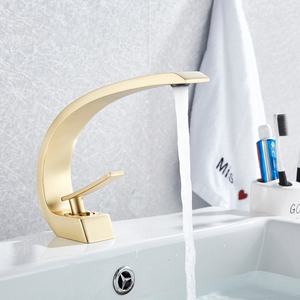 Gold <b>Tap</b> Golden Plated Brass <b>Single</b> Hole Metered C Shape Design Hot and Cold Washbasin Faucet for Bathroom Modern - Product Image 3