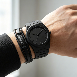 Conjunto de Reloj de Lujo para Hombre <span class=keywords><strong>en</strong></span> Negro Stealth, 3 Piezas, Esfera con Números Árabes, Reloj de Cuarzo de Plástico con Correa de Cuero Trenzado, Regalo - Product Image 4
