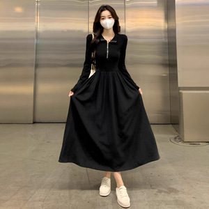 Women's Black Long Sleeve Dress Empire Waist Polo Neck Zipper Solid Color Casual Daily Wear - Product Image 3