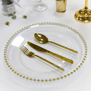 Assiettes de présentation rondes réutilisables de 13 pouces en plastique transparent avec perles dorées, durables, pour mariages et fêtes, vente en gros - Product Image 5