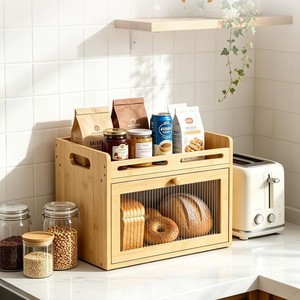Boîte à pain en bambou multifonctionnelle, organiseur de rangement de cuisine avec plateau à fruits et tiroir ventilé pour une fraîcheur optimale - Product Image 2
