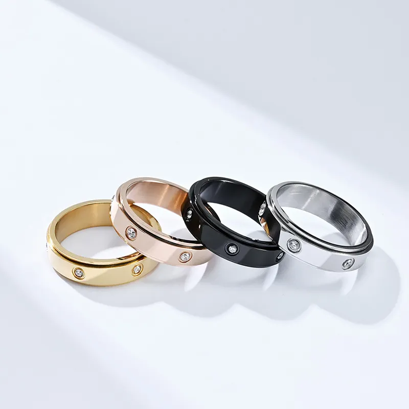 Fashion Gold Plated Stainless Steel Zircon Fidget Spinning Ring Unisex Anti-Anxiety Worry Rotating Spinner Ring