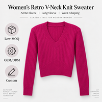 Pull tricoté côtelé vintage pour femme, col en V, épaulettes, manches longues, taille cintrée, automne-hiver, avec logo personnalisé OEM ODM