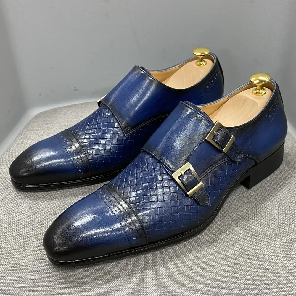 Luxury business casual blue leather double buckle layer cowhide pointed men's loafers