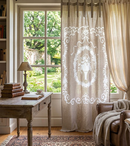 Rideau en lin naturel de la meilleure qualité avec broderie florale et dentelle pour la maison, l'hôtel et la station balnéaire - Product Image 1