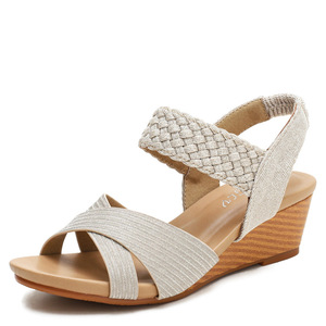 Sandales compensées élégantes pour femmes, à bout ouvert, en textile respirant, talon bas, style à enfiler pour l'été - Product Image 3