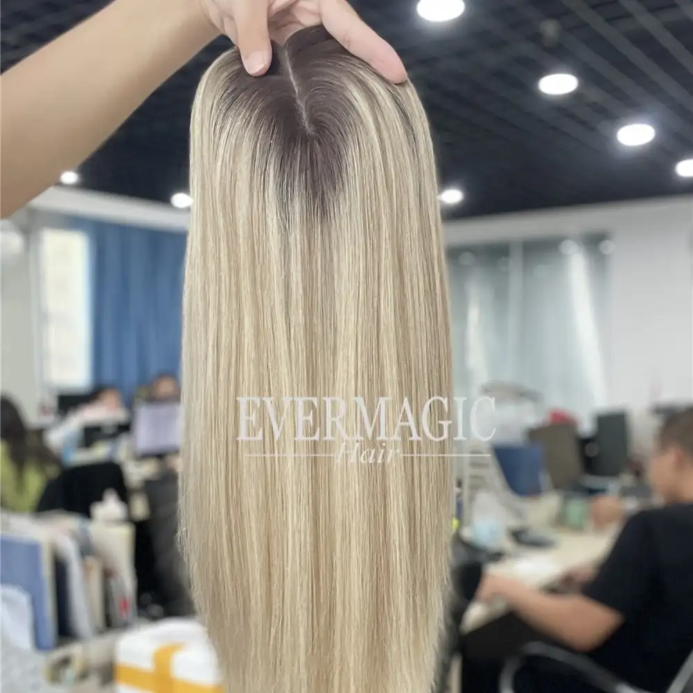 ash blonde highlight hand tied silk top with weft backed women hair topper European human hair jewish topper for women hair loss