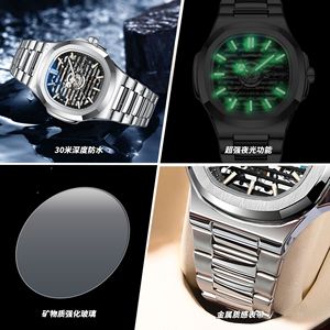 Binbond Men's Skeleton Mechanical Watch Stainless Steel Strap Luminous 50m Waterproof Folding Clasp J5399 - Product Image 4