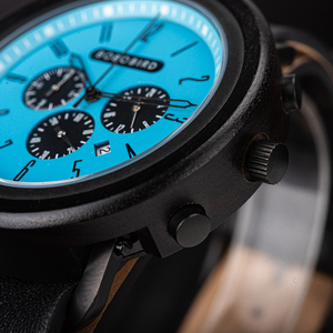 BOBO BIRD Reloj de madera azul de alta calidad Logotipo personalizado de alta calidad 24 <span class=keywords><strong>horas</strong></span> Función completa Banda de cuero impermeable para hombres ODM y OEM - Product Image 3